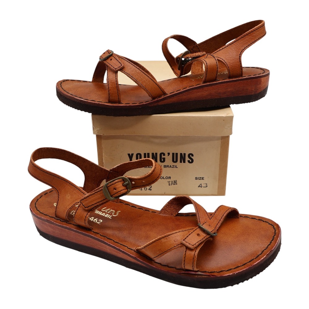 Young'uns Sandals Womens 4B Vintage Brazil Tan Leather Strappy Buckle Deadstock